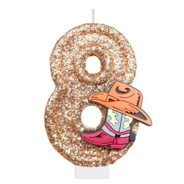 Imagem de Velas número de aniversário para bolo, vela número 8 de caubói, decorações de bolo de rodeio para meninos, topo de bolo de chapéu, enfeite de cupcake para botas para festas de aniversário ocidentais