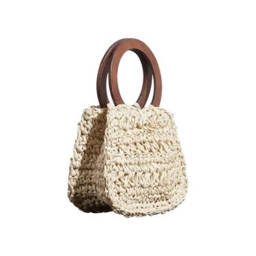 Imagem de Floerns Bolsa feminina com alça redonda de palha, bolsa clutch de tecido, mini bolsas para férias, Damasco, One Size