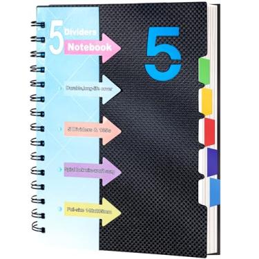 Imagem de CAGIE Caderno de 5 assuntos com divisórias, 220 páginas, cadernos espirais com abas 12 x 17 cm, diário encadernado em espiral A5 para anotações, material escolar, pautado largo, preto