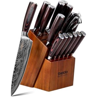 Imagem de Conjunto de 17 peças de blocos de facas Master Chef – Aço Damasco e bloco de madeira de acácia