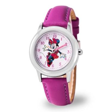 Imagem de Disney Relógio infantil Minnie Mouse com pulseira de quartzo analógico de aço inoxidável Time Teacher, rosa, Relógio de quartzo