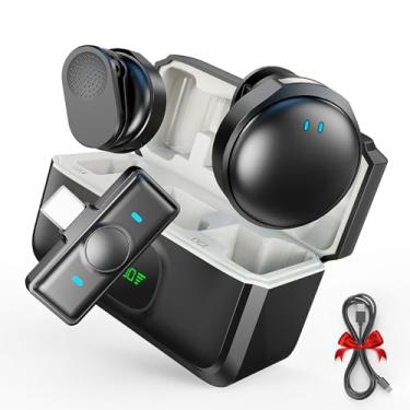 Imagem de HHD Sistema de microfone de lapela sem fio com estojo de carregamento, cancelamento de ruído de 1 clique, ISM de 2,4 GHz para microfone de lapela de áudio não comprimido de 12 horas compatível com