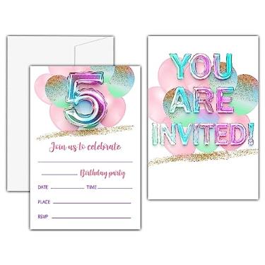 Imagem de Convites de aniversário de 5º balão arco-íris, cartões de convite de festa de aniversário com glitter dourado para crianças, lembrancinhas de festa de 5º aniversário e suprimentos de celebração (20