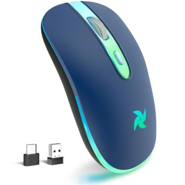 Imagem de HZD Mouse sem fio, mouse recarregável, mouse silencioso portátil de 2,4 G com receptor USB e adaptador tipo C, 3 níveis de DPI ajustáveis 1600/1200/800 para laptop/tablet/computador (azul)