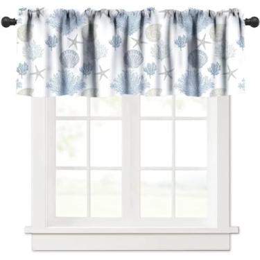 Imagem de Cortina de sanefa costeira de verão, praia náutica, coral, estrela-do-mar, conchas, azul, para janela à beira-mar, cortina curta para cozinha, sala de estar, quarto, 137 x 45 cm
