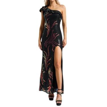 Imagem de Vestido BELLA BARNETT preto de um ombro com lantejoulas e fenda com ba