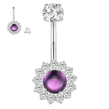 Imagem de GAGABODY Piercing de umbigo 10 mm piercing de umbigo 14G G23 titânio ametista roxa piercing de umbigo 14G barra roscada internamente prata 10 mm anel de umbigo titânio