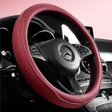 Imagem de Capa de volante universal de 38 cm - Couro PU respirável com aderência de borracha inodora, design clássico antiderrapante, serve na maioria dos carros e SUVs (bordô)