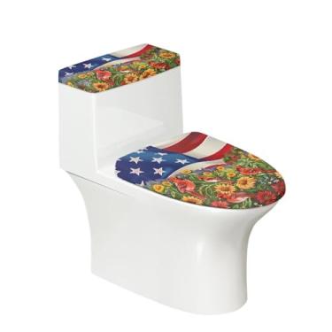 Imagem de Vanideaoty Tampa de vaso sanitário com bandeira para banheiro, girassol, 2 peças, capa de vaso sanitário, aquecedor, pano lavável para férias de 4 de julho