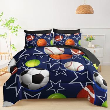 Imagem de QOOMO Conjunto de 7 peças para decoração de quarto infantil de basquete e beisebol, tamanho casal com 1 edredom, 2 fronhas de bola, 2 fronhas, 1 lençol preto com elástico e 1 lençol de cima