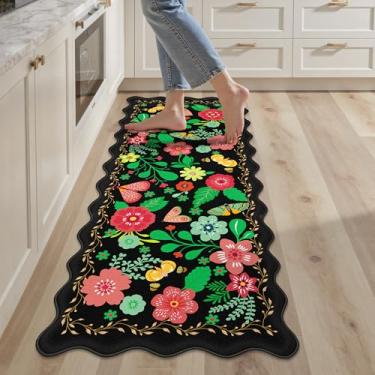 Imagem de Arenarug Tapetes de cozinha pretos recortados para o chão, acolchoados, antifadiga, à prova d'água, antiderrapante, casa de fazenda, floral, confortável, espuma para lavatória, lavanderia, 43 x 129 cm