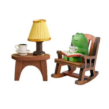 Imagem de ELVRLA Miniature Frog Figurine Statue, Help Relax Enjoying Tea Time Mini Frog Cat Collection Desk Ofiice Bedroom Decor, Healing Heart Good Mood Indoor Home Decorations with Gift Box -Reading