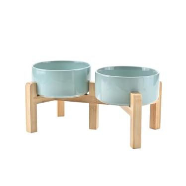 Imagem de SPUNKYJUNKY Tigelas elevadas de cerâmica para cães e gatos, 15 cm, com suporte de bambu antiderrapante para raças médias seguras para micro-ondas e lava-louças, 813 g, verde claro