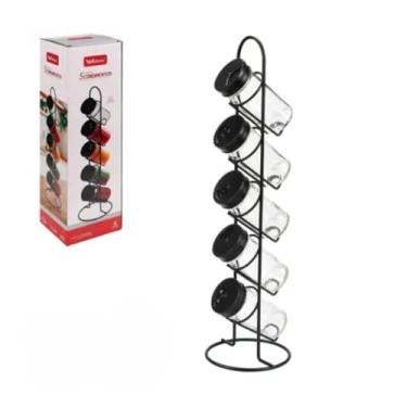 Imagem de Conjunto de 5 Potes de Vidro para Condimentos com Suporte Vertical em Ferro, 40 cm, Tampa Giratória, Preto