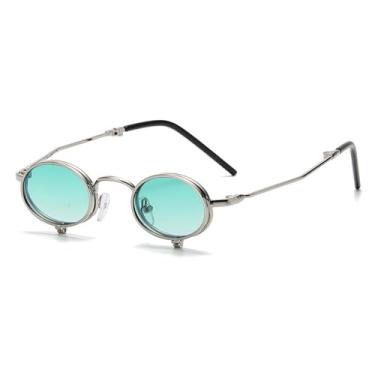 Imagem de Óculos de sol Steampunk Flip Up Masculino Pequeno Armação de Metal Punk Redondo Óculos de Sol Feminino Retro Óculos de Sol UV400 Óculos de Grau, C5Prata, Verde, Tamanho Único