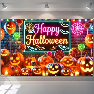 Imagem de BlissYard Banner de Halloween 188 x 109 cm neon abóbora pirulito pano de fundo placa de parede para decoração de quarto de cerca ao ar livre suprimentos de festa infantil brilhante Jack O Lantern