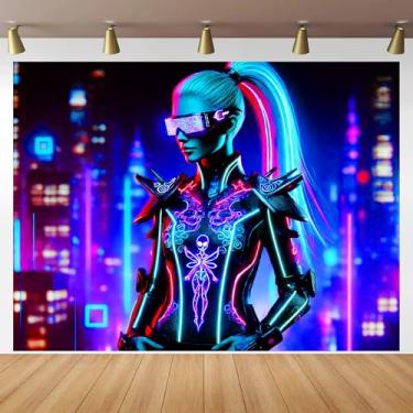 Imagem de BlissYard Arte de parede Cyberpunk Blacklight Tapeçaria 192 x 139 cm Futurista Neon Warrior Girl Arte de parede UV reativo brilha no escuro Techno Sci-Fi Poster para quarto sala de jogos decoração