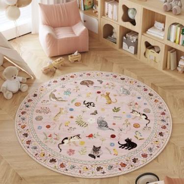 Imagem de Rugcomf Tapete redondo 1,2 m lavável tapete circular antiderrapante pelo baixo boho floral animal gato pequeno tapete circular para quarto, banheiro, entrada, quarto de crianças, escritório, faculdade