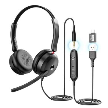 Imagem de Fone de ouvido com fio USB-C/USB-A/3,5 mm com microfone com cancelamento de ruído | Fones de ouvido intra-auriculares de escritório para PC/laptop | Controle de linha e conforto o dia todo para call
