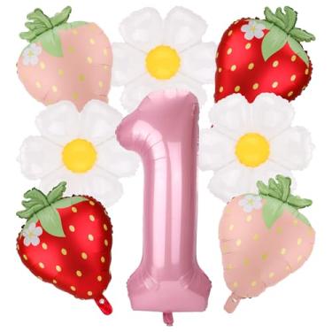 Imagem de lasuroa 8un Baga Primeiro Aniversário Kit de Balões, Fofo Morango Balões Folha Margarida Decorações Doce Tema de Fruta Material para Festa Primeiro Aniversário para Meninas