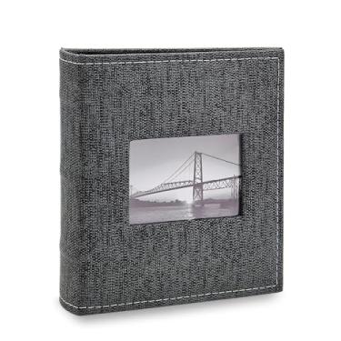 Imagem de Álbum de fotos Ical, encadernação fichário, para 200 fotos 10x15cm - envelope plástico preto - linha Prestige - capa com janela - modelo cinza-escuro com costuras e janela - 480