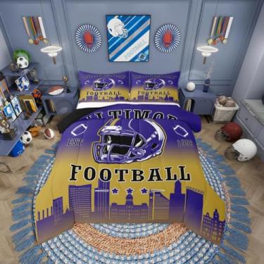 Imagem de Erosebridal Jogo de cama solteiro de futebol americano para meninos e meninas, rúgbi esportivo, azul marinho, silhueta de cidade, jogo de edredom (Baltimore)