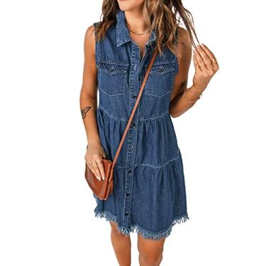 Imagem de luvamia Vestido jeans curto feminino casual verão lapela sem mangas abotoado, Azul cobalto profundo, P