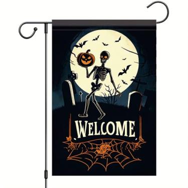 Imagem de Starlit Patio Bandeira de jardim de Halloween, esqueleto, abóbora, decoração de quintal ao ar livre, faixa de boas-vindas 30,5 x 45,7 cm, dupla face, férias, gramado, casa, vertical, sinal sazonal