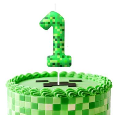 Imagem de Velas de aniversário verdes número 1, topo de bolo com tema de pixel para decoração de bolo para meninos e meninas, decorações de aniversário, suprimentos de festa, velas numéricas para decoração de