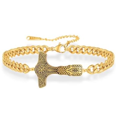Imagem de VASSAGO Pulseiras Viking para homens, pulseira nórdica de Thor com martelo nórdico de aço inoxidável Mjolnir Rune joia de amuleto pagão vintage nórdico, Aço inoxidável, Sem Pedra Preciosa