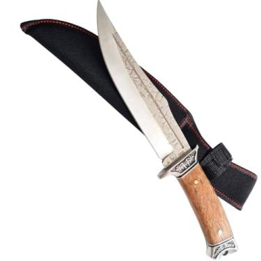 Imagem de Faca Tática Profissional, Lâmina Inox 18cm com Entalhes, Cabo Madeira 13cm, para Churrasco e Pesca