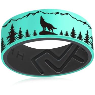 Imagem de XAHH Anel de silicone para homens e mulheres, anel de caça ao ar livre com pico da floresta de lobo, alianças de casamento de borracha, preto, cinza, azul, roxo, verde, vermelho, Silicone, Sem pedra