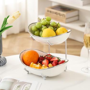 Imagem de Afeyibu Tigelas de frutas de 2 camadas para balcão de cozinha, tigela branca de cerâmica com suporte de metal prateado, cesta de frutas de 2 camadas para frutas, lanches, bolos, nozes, armazenamento