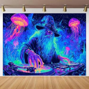 Imagem de BlissYard Tapeçaria Psychedelic Wizard DJ Blacklight UV Reactive Glow In The Dark Wall Hanging With Neon Jellyfish Galaxy Trippy Poster Black Light Tapestries For Bedroom Party Decor 78x59 polegadas
