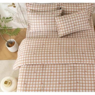 Imagem de SDY Conjunto de edredom casal com laço quadriculado, leve e bonito, adequado para todas as estações, conjunto de cama casal com laço, lençol de cima, lençol com elástico, fronhas e fronhas