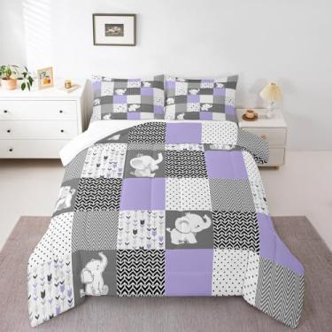 Imagem de Homewish Lindo conjunto de edredom de elefante, listras geométricas para crianças, meninas, mulheres, adultos, roxo, cinza e branco, conjunto de edredom acolchoado com estampa de flecha, tamanho