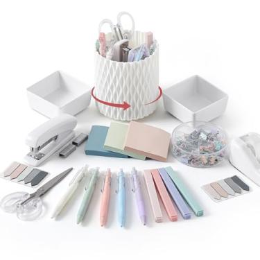 Imagem de Kosiz Acessórios de mesa preto e branco, organizador de mesa, branco, material de escritório, suporte de caneta, grampeador, fichário/clipes de papel, grampos de tesoura, acessórios estéticos para