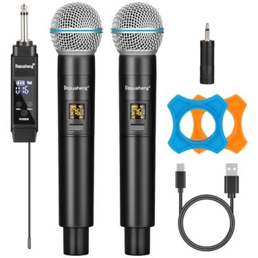 Imagem de Depusheng Microfone sem fio, sistema profissional de microfone dinâmico de mão duplo sem fio com receptor recarregável (160 pés), conjunto de microfones de karaokê para cantar, karaokê, casamento, DJ