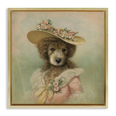 Imagem de Stupell Industries Desenho de arte de parede vintage feminino cachorro com chapéu emoldurado dourado por Brett Blumenthal, 63 x 63 cm