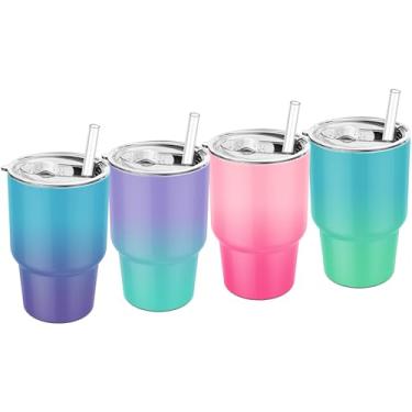 Imagem de Gosuny Mini copos de 184 g com tampas e canudos - Pacote com 4 minicopos atualizados com canudo parede dupla vácuo aço inoxidável pequeno isolado empilhável copo à prova de vazamento (multicolorido)