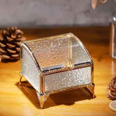 Imagem de DHCGPP Caixa De Joias Vintage Em Vidro Curvo Com Tampa Articulada, Anel, Pulseira, Metal Para Lembranças, Armazenamento Transparente (9,6 X 9,6 7,6 Cm)