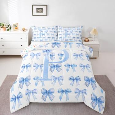 Imagem de Erosebridal Conjunto de cama king com laço azul, com inicial flor, coquete, laço para adolescentes, monograma, P, presente de aniversário para princesas (P)