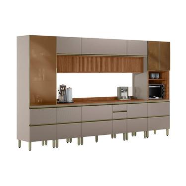 Imagem de Cozinha Completa com Vidro Reflecta e Ripado Proença 12 Portas 10 Gavetas Bege e Nogueira