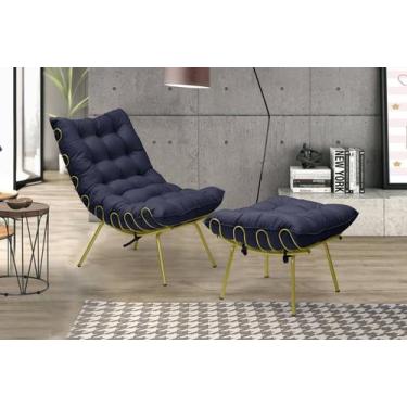 Imagem de Poltrona Costela Luxo com Puff Adão Dourado - Veludo Azul - METAL MOVE