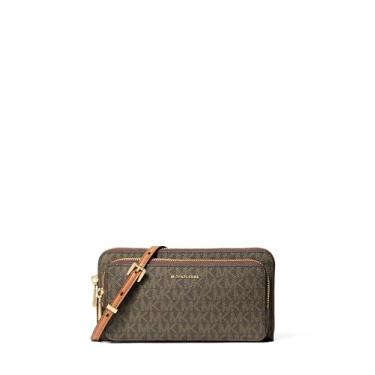 Imagem de Michael Kors Carteira transversal continental grande Jet Set, ferragens douradas/sarja revestida com assinatura MK/marrom/bolota