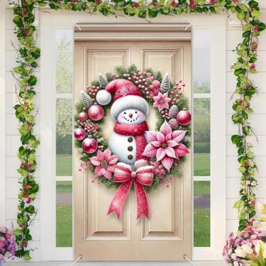 Imagem de BlissYard Capa de porta de Natal, guirlanda de boneco de neve, poinsétia rosa, 89 x 188 cm, faixa festiva para decoração de parede interna e externa, tecido de poliéster, decoração de casa para