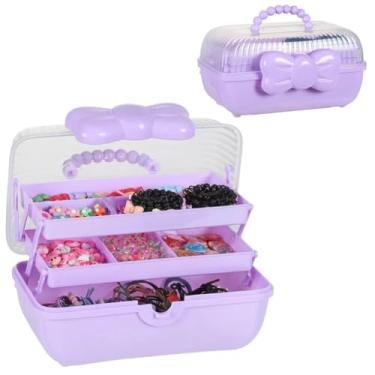 Imagem de Hoemastot Caixa de armazenamento de plástico de 3 camadas com alça - organizador multiuso para grampos de cabelo, tiaras, gravatas e joias - ideal para meninas (roxo)