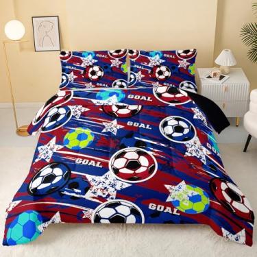 Imagem de QOOMO Jogo de cama solteiro com estampa de estrelas, desenho de futebol americano, para decoração de quarto de meninos e adolescentes, macio e leve para todas as estações, 1 edredom e 2 fronhas