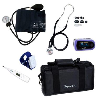 Imagem de Kit Acadêmico Esfigmomanômetro + Esteto + Oximetro + Termômetro + Garrote + Bolsa
