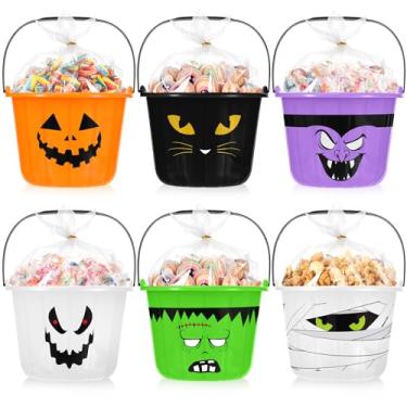 Imagem de Qilery 6 conjuntos de baldes de doces ou travessuras de Halloween, 17 x 15 x 15 cm grandes baldes de plástico com alças, sacos de presente transparentes e gravata dourada para decorações de